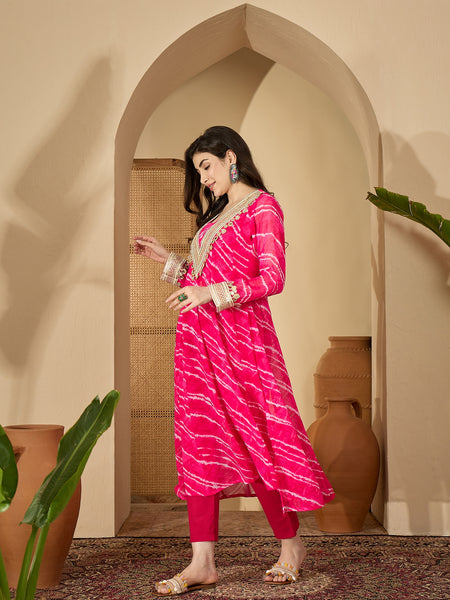 Stylum Women's Pink Leheriya Printed & Embroidered Georgette A-Line Kurta Pant Set (KPPINKMOHALI)