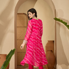 Stylum Women's Pink Leheriya Printed & Embroidered Georgette A-Line Kurta Pant Set (KPPINKMOHALI)