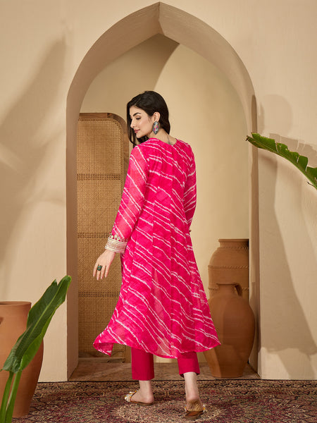 Stylum Women's Pink Leheriya Printed & Embroidered Georgette A-Line Kurta Pant Set (KPPINKMOHALI)