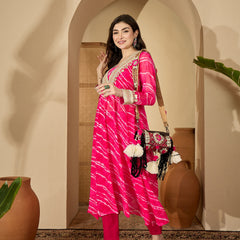 Stylum Women's Pink Leheriya Printed & Embroidered Georgette A-Line Kurta Pant Set (KPPINKMOHALI)