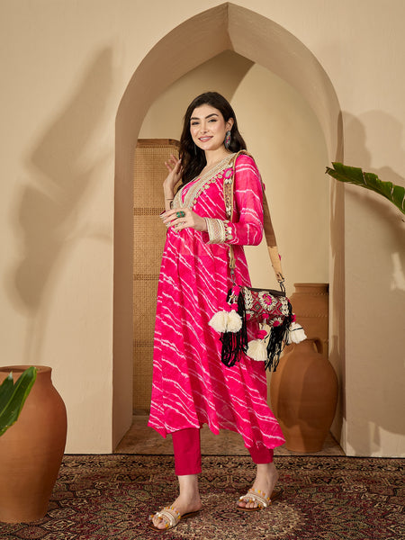 Stylum Women's Pink Leheriya Printed & Embroidered Georgette A-Line Kurta Pant Set (KPPINKMOHALI)