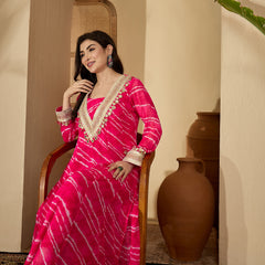 Stylum Women's Pink Leheriya Printed & Embroidered Georgette A-Line Kurta Pant Set (KPPINKMOHALI)