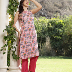 Stylum Women's Pink Floral Printed Cotton Straight Kurta Pant Set (KPPINKRUSK)