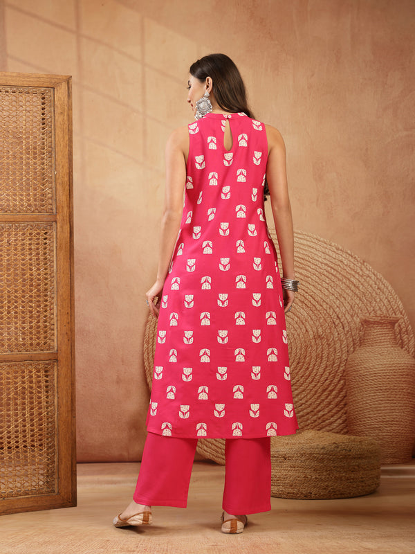 Stylum Women's Pink Floral Printed Rayon A-Line Kurta Pant Set (KPPINKSOLAN)