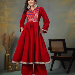 Stylum Women's Pink Solid & Embroidered Velvet Anarkali Kurta Palazzo Set (KPPINKSUFI)