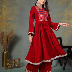 Stylum Women's Pink Solid & Embroidered Velvet Anarkali Kurta Palazzo Set (KPPINKSUFI)