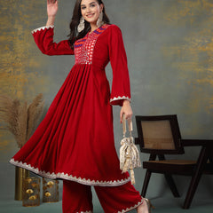 Stylum Women's Pink Solid & Embroidered Velvet Anarkali Kurta Palazzo Set (KPPINKSUFI)