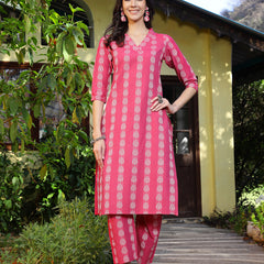 Stylum Women's Pink Woven Design Cotton Blend Straight Kurta Pant Set (KPPINKTAMKI)