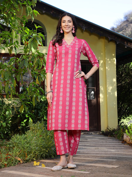 Stylum Women's Pink Woven Design Cotton Blend Straight Kurta Pant Set (KPPINKTAMKI)