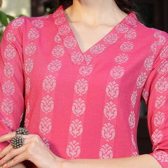 Stylum Women's Pink Woven Design Cotton Blend Straight Kurta Pant Set (KPPINKTAMKI)