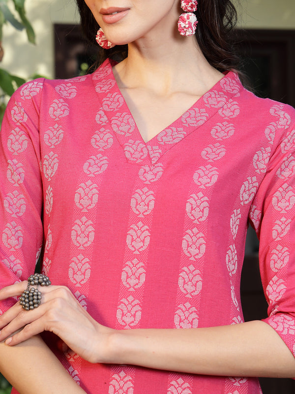 Stylum Women's Pink Woven Design Cotton Blend Straight Kurta Pant Set (KPPINKTAMKI)