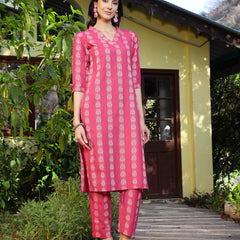 Stylum Women's Pink Woven Design Cotton Blend Straight Kurta Pant Set (KPPINKTAMKI)