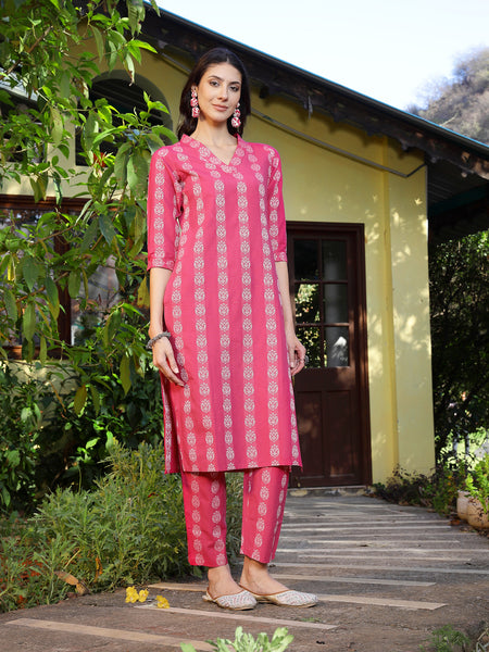 Stylum Women's Pink Woven Design Cotton Blend Straight Kurta Pant Set (KPPINKTAMKI)