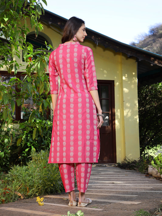 Stylum Women's Pink Woven Design Cotton Blend Straight Kurta Pant Set (KPPINKTAMKI)