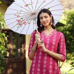 Stylum Women's Pink Woven Design Cotton Blend Straight Kurta Pant Set (KPPINKTAMKI)