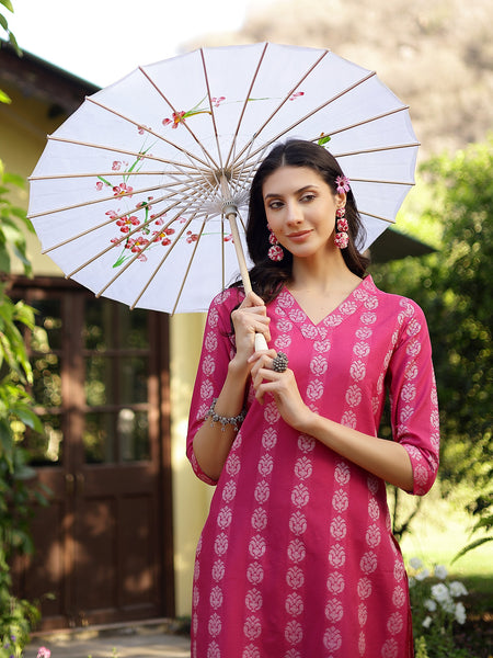Stylum Women's Pink Woven Design Cotton Blend Straight Kurta Pant Set (KPPINKTAMKI)