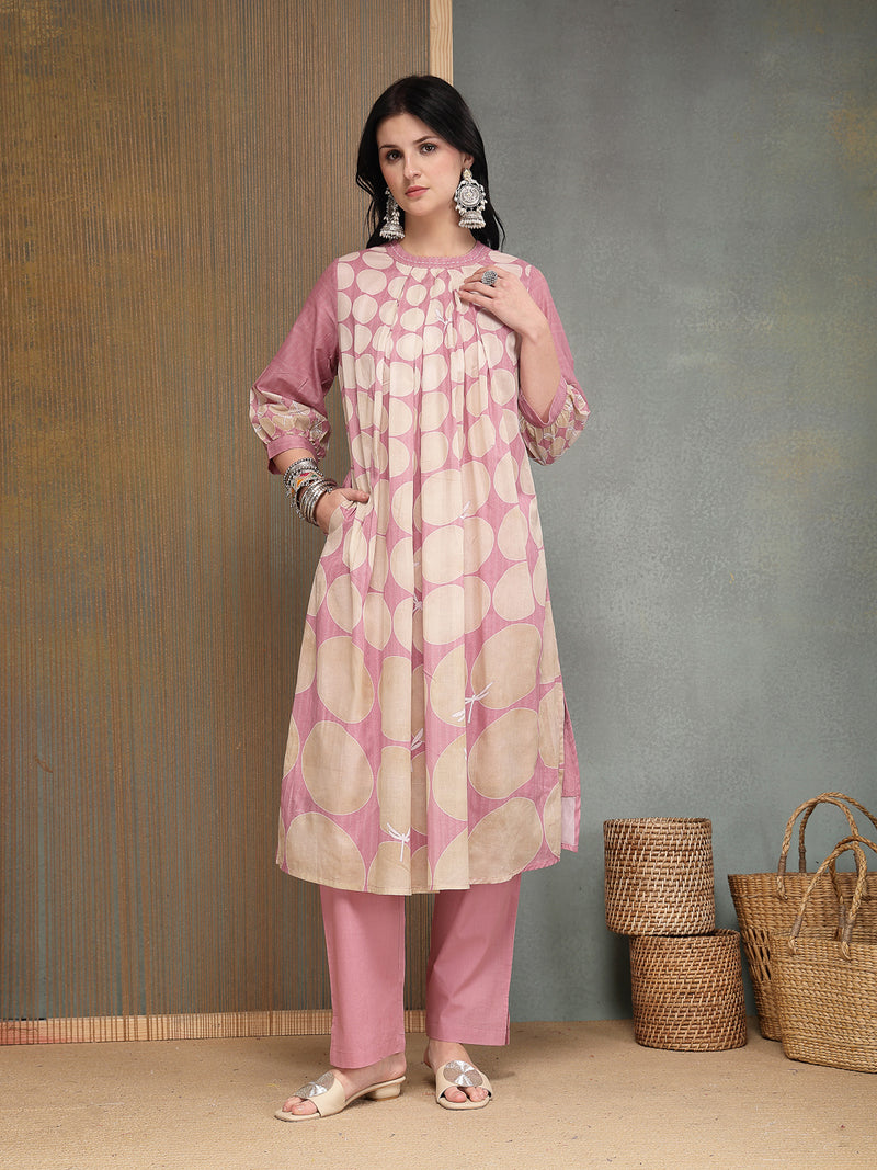 Stylum Women's Pink Polka Dots Printed Voile A-Line Kurta Pant Set (KPPINKVOK)