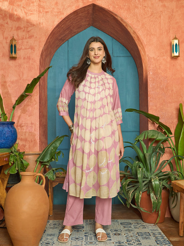 Stylum Women's Pink Polka Dots Printed Voile A-Line Kurta Pant Set (KPPINKVOK)