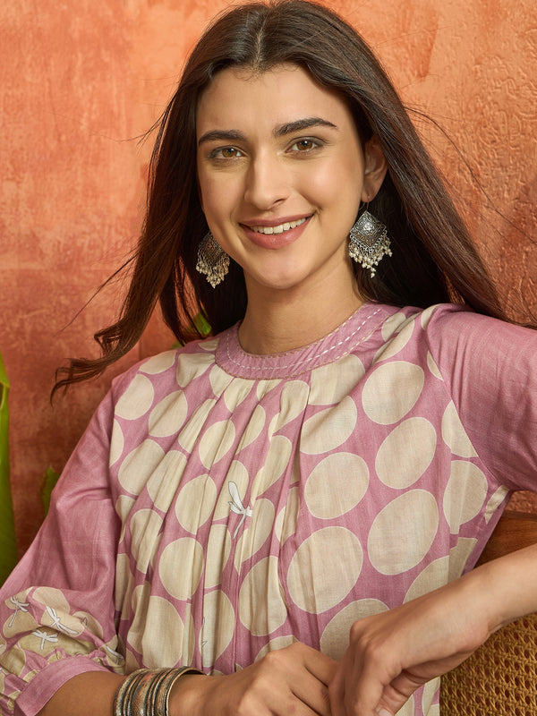 Stylum Women's Pink Polka Dots Printed Voile A-Line Kurta Pant Set (KPPINKVOK)