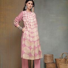 Stylum Women's Pink Polka Dots Printed Voile A-Line Kurta Pant Set (KPPINKVOK)