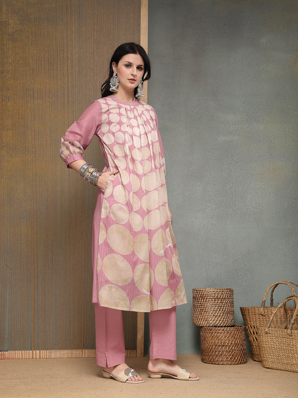 Stylum Women's Pink Polka Dots Printed Voile A-Line Kurta Pant Set (KPPINKVOK)