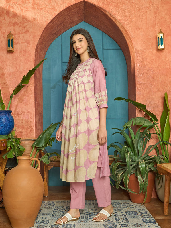 Stylum Women's Pink Polka Dots Printed Voile A-Line Kurta Pant Set (KPPINKVOK)