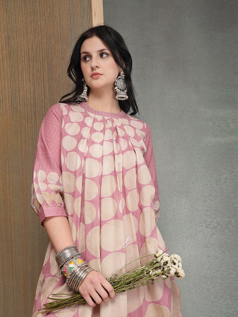 Stylum Women's Pink Polka Dots Printed Voile A-Line Kurta Pant Set (KPPINKVOK)