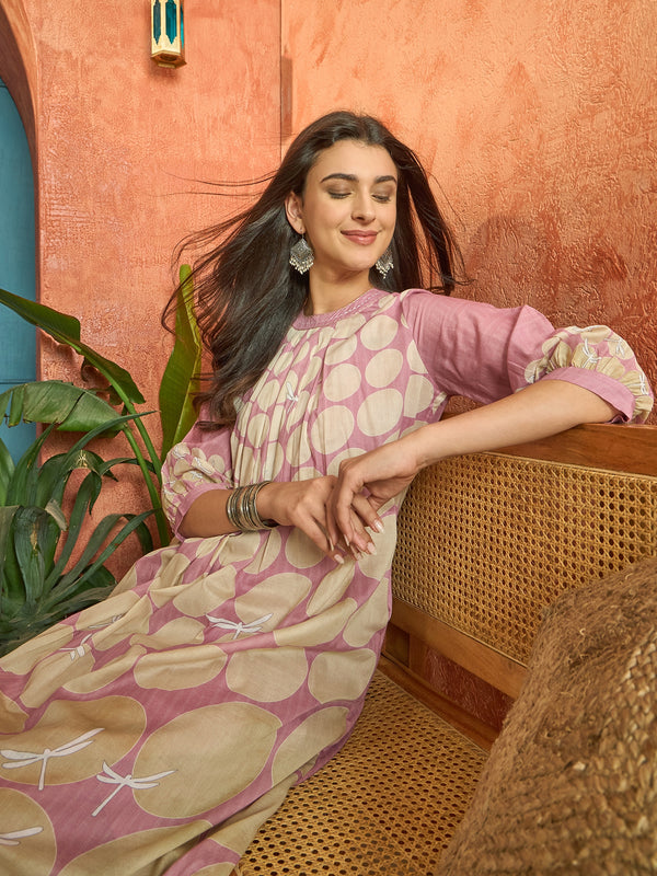Stylum Women's Pink Polka Dots Printed Voile A-Line Kurta Pant Set (KPPINKVOK)