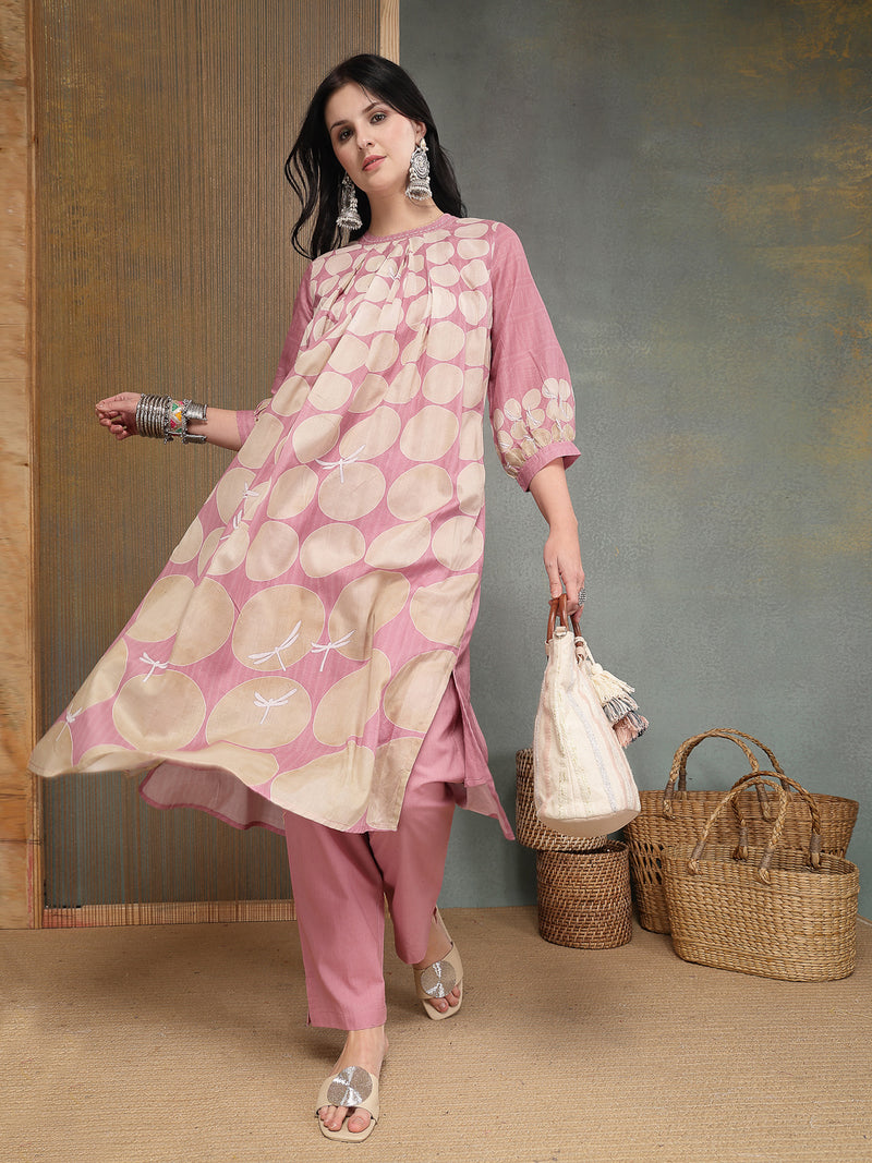 Stylum Women's Pink Polka Dots Printed Voile A-Line Kurta Pant Set (KPPINKVOK)