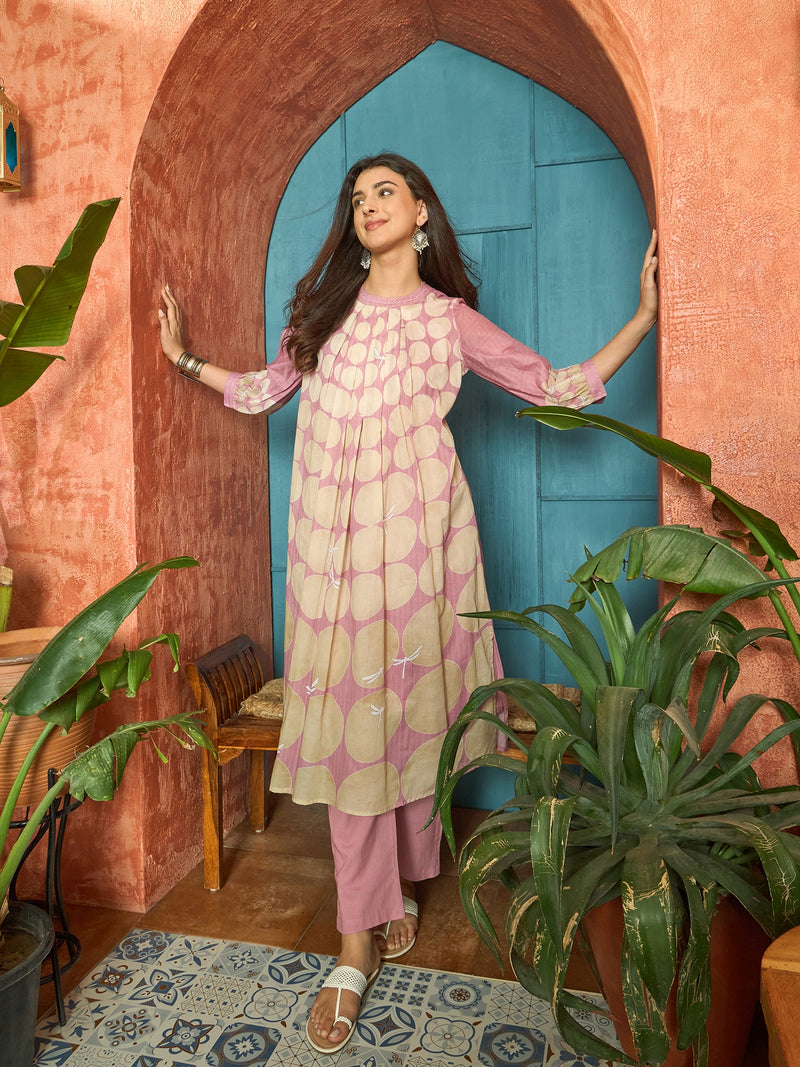 Stylum Women's Pink Polka Dots Printed Voile A-Line Kurta Pant Set (KPPINKVOK)