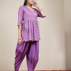 Stylum Women's Ethnic Motif Printed Rayon Angrakha Kurti with Dhoti Pant (KPPRPLPATAKA)