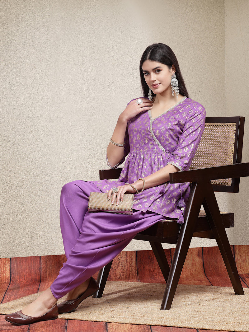 Stylum Women's Ethnic Motif Printed Rayon Angrakha Kurti with Dhoti Pant (KPPRPLPATAKA)