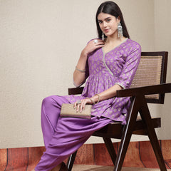 Stylum Women's Ethnic Motif Printed Rayon Angrakha Kurti with Dhoti Pant (KPPRPLPATAKA)