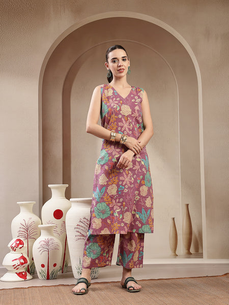 Stylum Women's Purple Floral & Woven Design Cotton Straight Kurta Pant Set (KPPURPLEKIT)