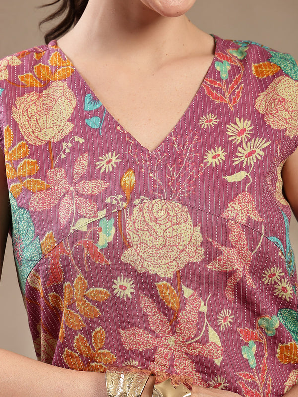 Stylum Women's Purple Floral & Woven Design Cotton Straight Kurta Pant Set (KPPURPLEKIT)