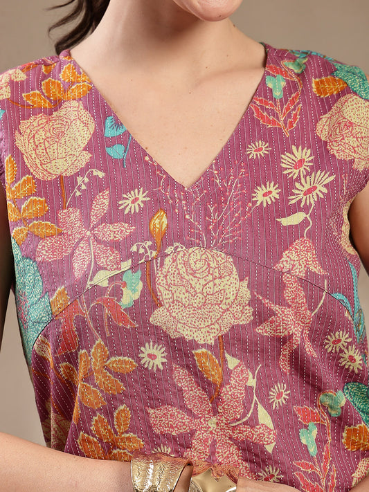 Stylum Women's Purple Floral & Woven Design Cotton Straight Kurta Pant Set (KPPURPLEKIT)