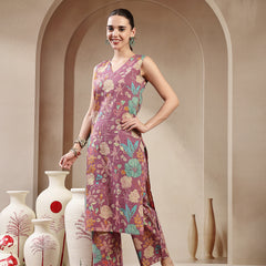 Stylum Women's Purple Floral & Woven Design Cotton Straight Kurta Pant Set (KPPURPLEKIT)