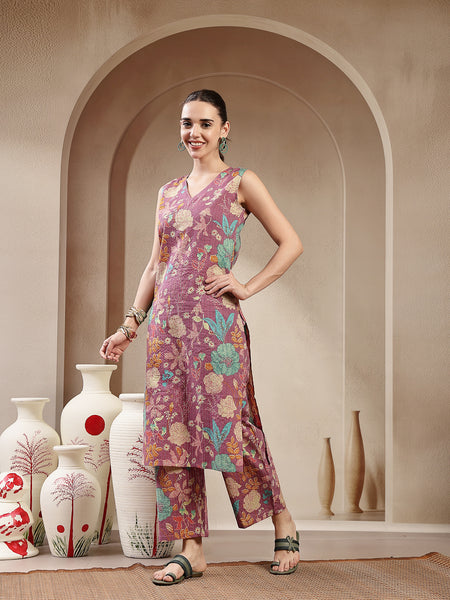 Stylum Women's Purple Floral & Woven Design Cotton Straight Kurta Pant Set (KPPURPLEKIT)