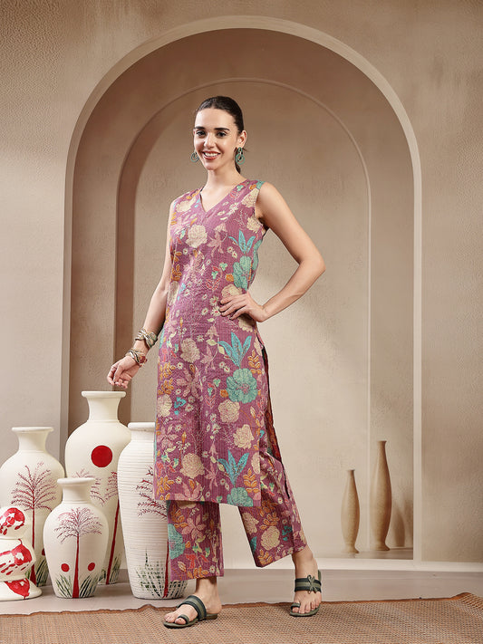 Stylum Women's Purple Floral & Woven Design Cotton Straight Kurta Pant Set (KPPURPLEKIT)