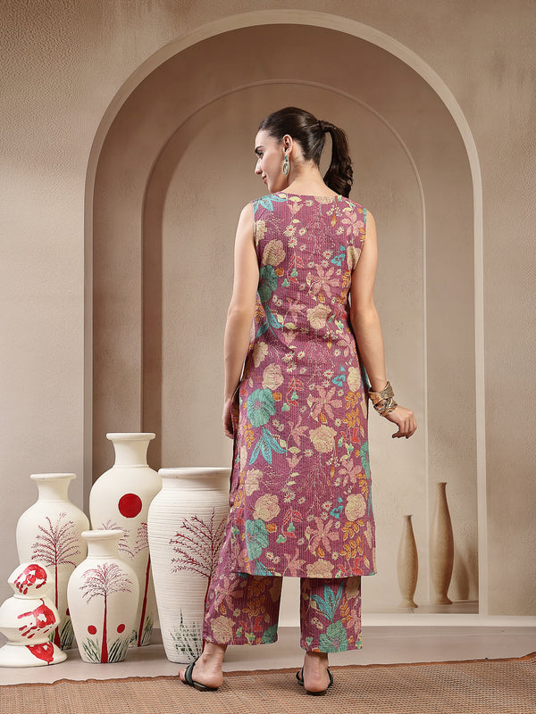 Stylum Women's Purple Floral & Woven Design Cotton Straight Kurta Pant Set (KPPURPLEKIT)