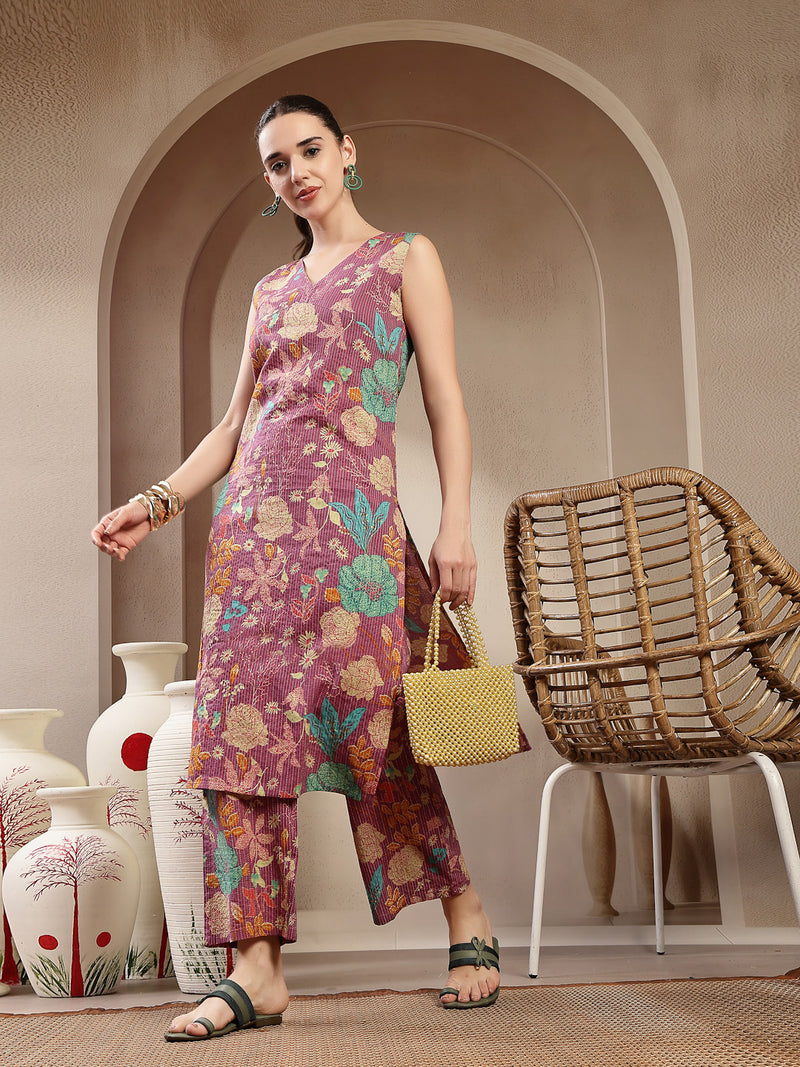 Stylum Women's Purple Floral & Woven Design Cotton Straight Kurta Pant Set (KPPURPLEKIT)