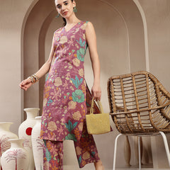 Stylum Women's Purple Floral & Woven Design Cotton Straight Kurta Pant Set (KPPURPLEKIT)