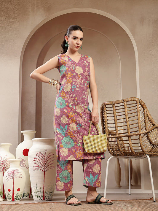 Stylum Women's Purple Floral & Woven Design Cotton Straight Kurta Pant Set (KPPURPLEKIT)