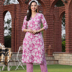 Stylum Women's Purple Floral Printed Cotton Straight Kurta Pant Set (KPPURPLEMANALI)