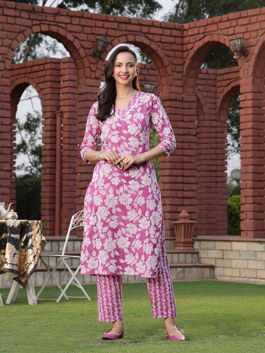 Stylum Women's Purple Floral Printed Cotton Straight Kurta Pant Set (KPPURPLEMANALI)