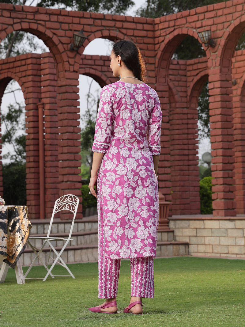 Stylum Women's Purple Floral Printed Cotton Straight Kurta Pant Set (KPPURPLEMANALI)