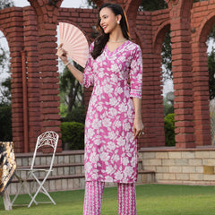 Stylum Women's Purple Floral Printed Cotton Straight Kurta Pant Set (KPPURPLEMANALI)