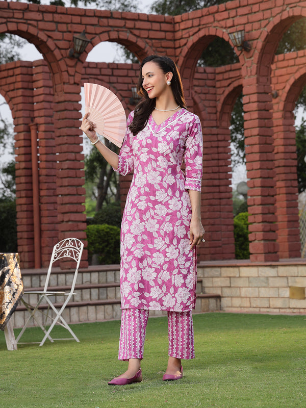 Stylum Women's Purple Floral Printed Cotton Straight Kurta Pant Set (KPPURPLEMANALI)