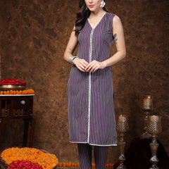 Stylum Women's Purple Embroidered Cotton Blend Straight Kurta Pant Set (KPPURPLEPOCKER)