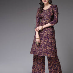Stylum Women's Printed Poly Crepe Straight Kurta Palazzo Set (KPPURPLETALE)